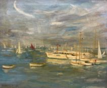 English School (Mid 20th century): The Red Sail - Yachts and Sailing Dinghies off the Isle of Wight