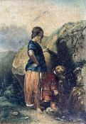 English School (19th century): Lady and Child by a Stream
