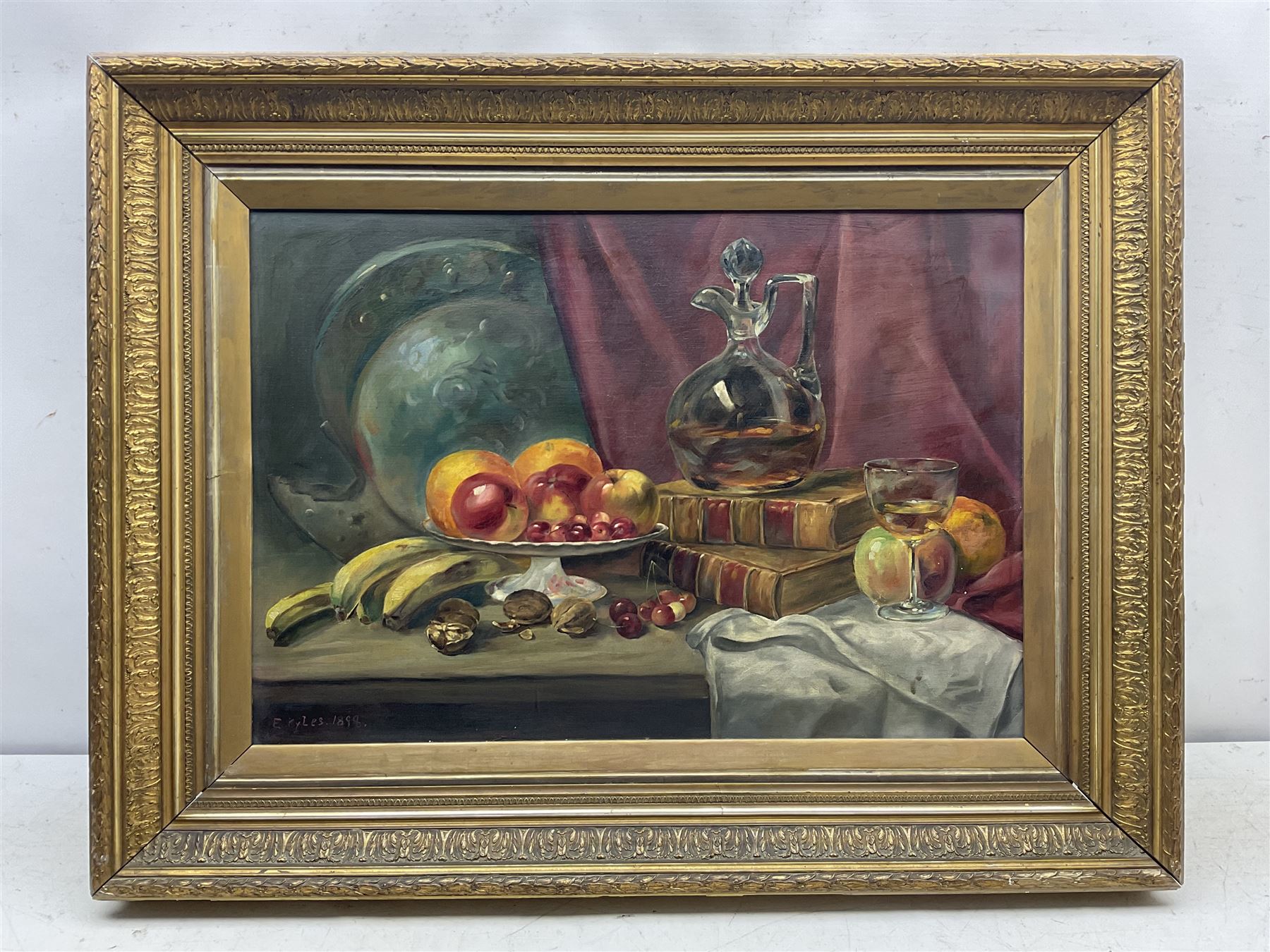 E Kyles (British late 19th century): Still Life of Fruit and Books - Image 2 of 3