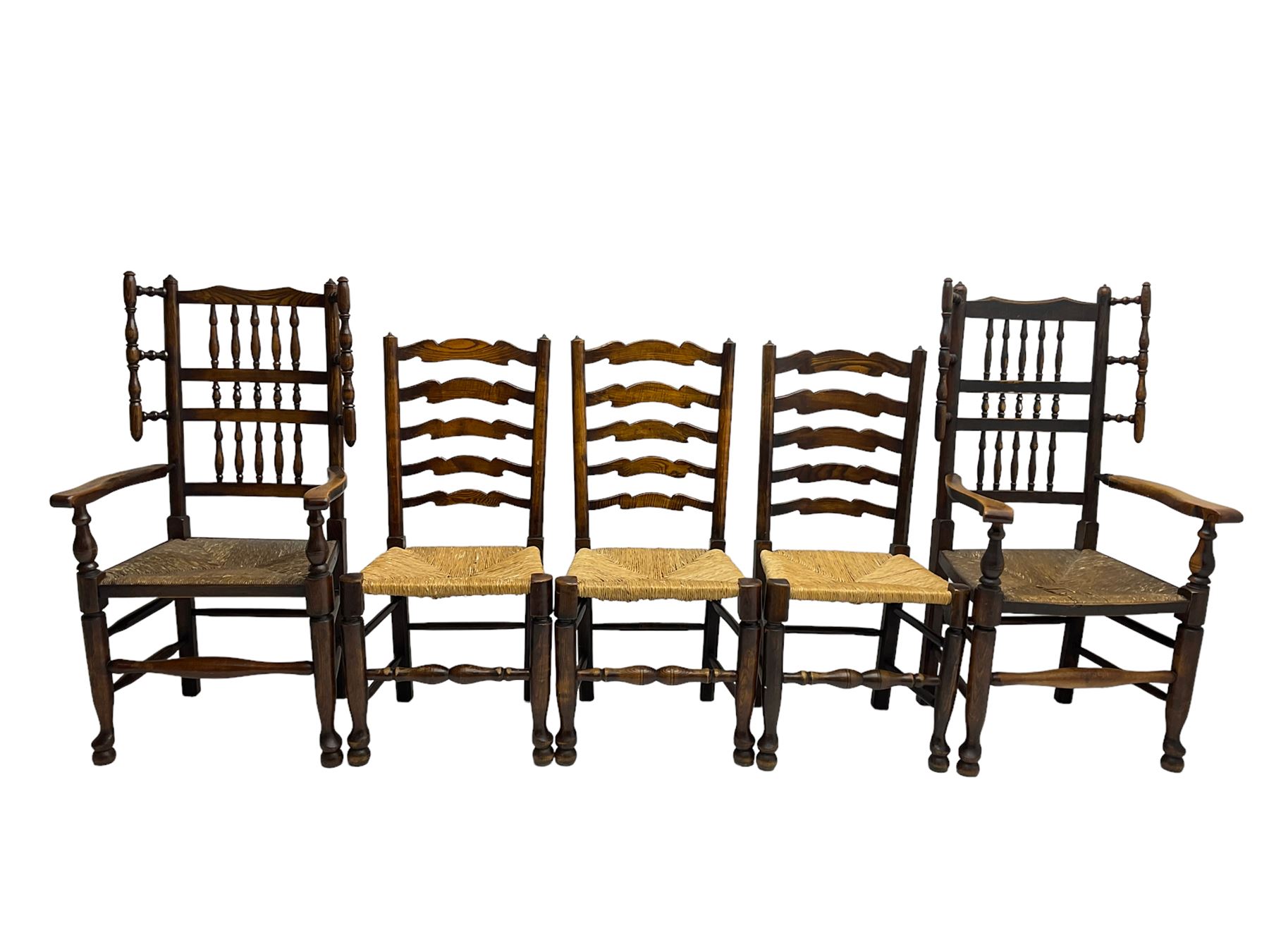 Harlequin set of nine country elm and beech chairs - pair 19th century spindle back carver armchairs - Image 10 of 13