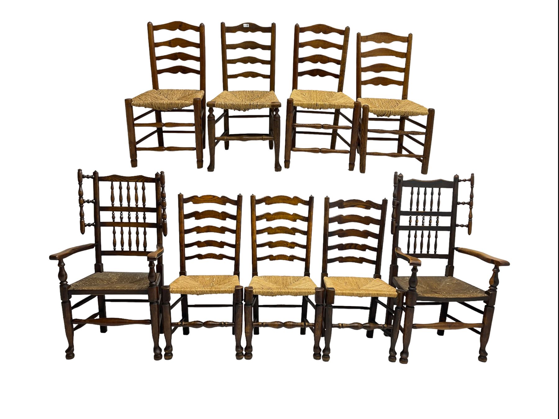 Harlequin set of nine country elm and beech chairs - pair 19th century spindle back carver armchairs