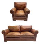 Large two seat sofa upholstered in tan 'Derwent' leather (W200cm D100cm H85cm)