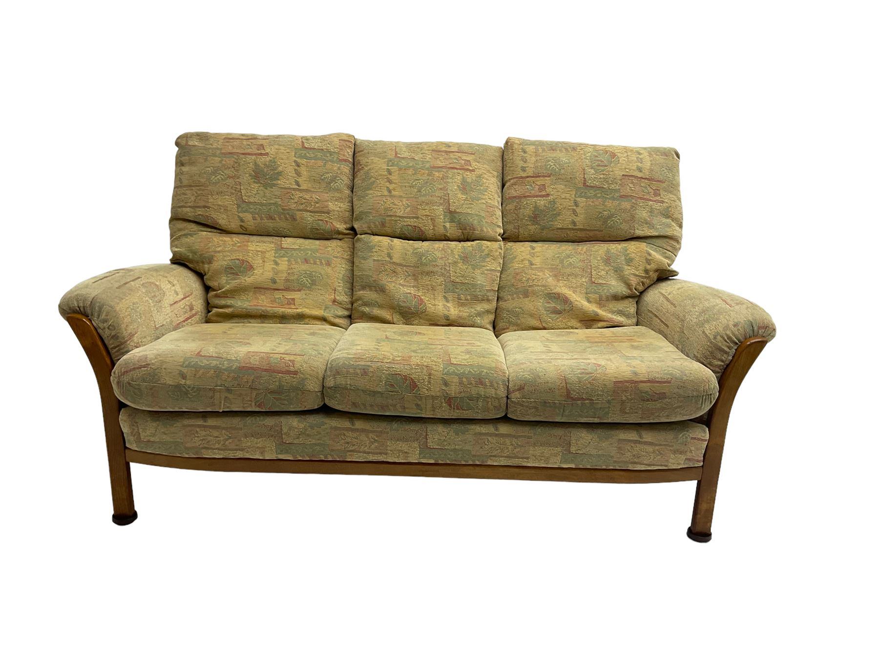 Mid-20th century beech framed three seat sofa (W1180cm) and pair of matching armchairs (W95cm) uphol - Image 14 of 15