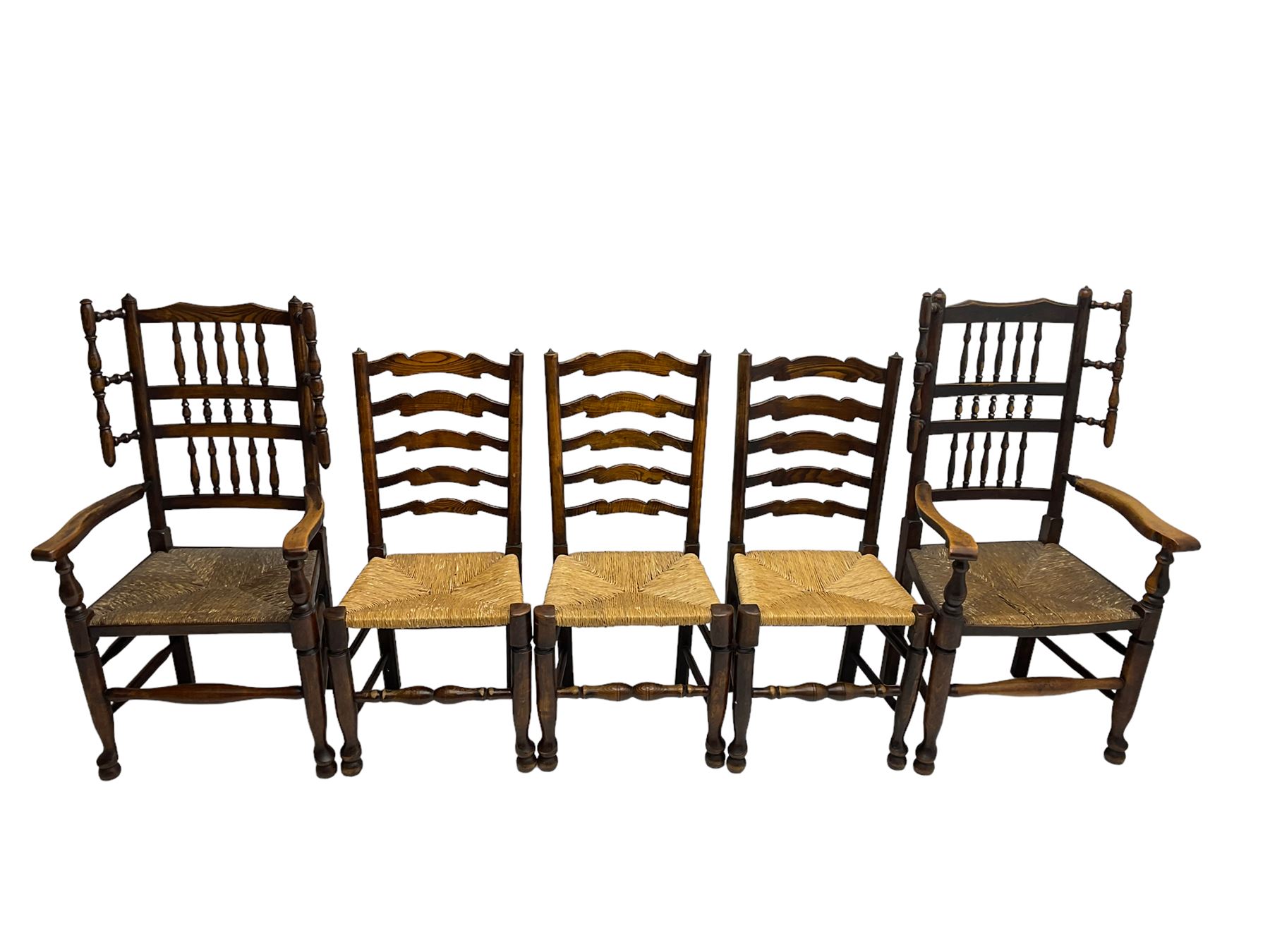 Harlequin set of nine country elm and beech chairs - pair 19th century spindle back carver armchairs - Image 4 of 13