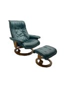 Ekornes Stressless - reclining armchair upholstered in teal leather; with matching footstool