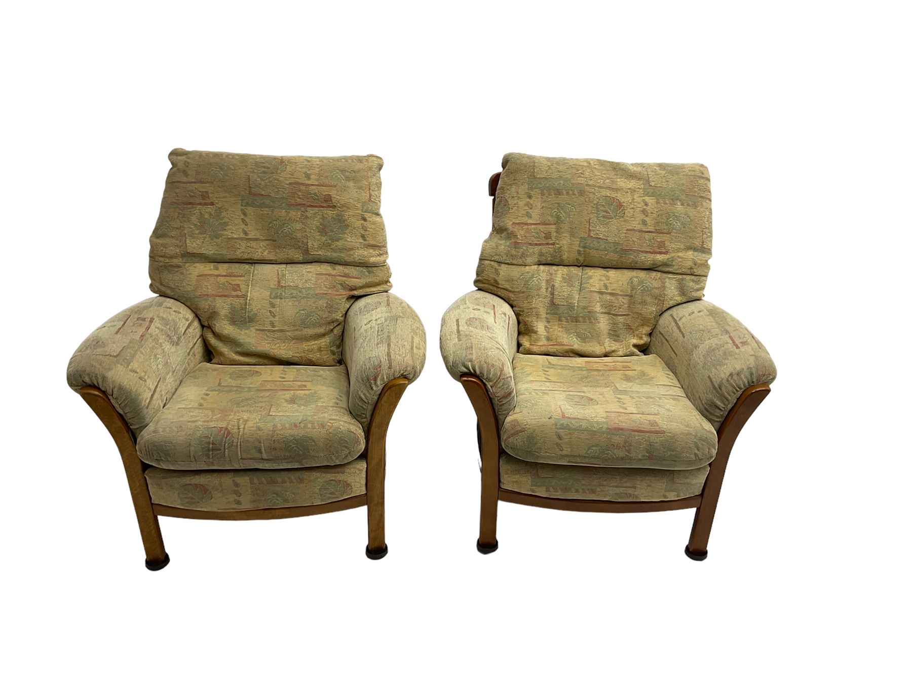 Mid-20th century beech framed three seat sofa (W1180cm) and pair of matching armchairs (W95cm) uphol - Image 5 of 15