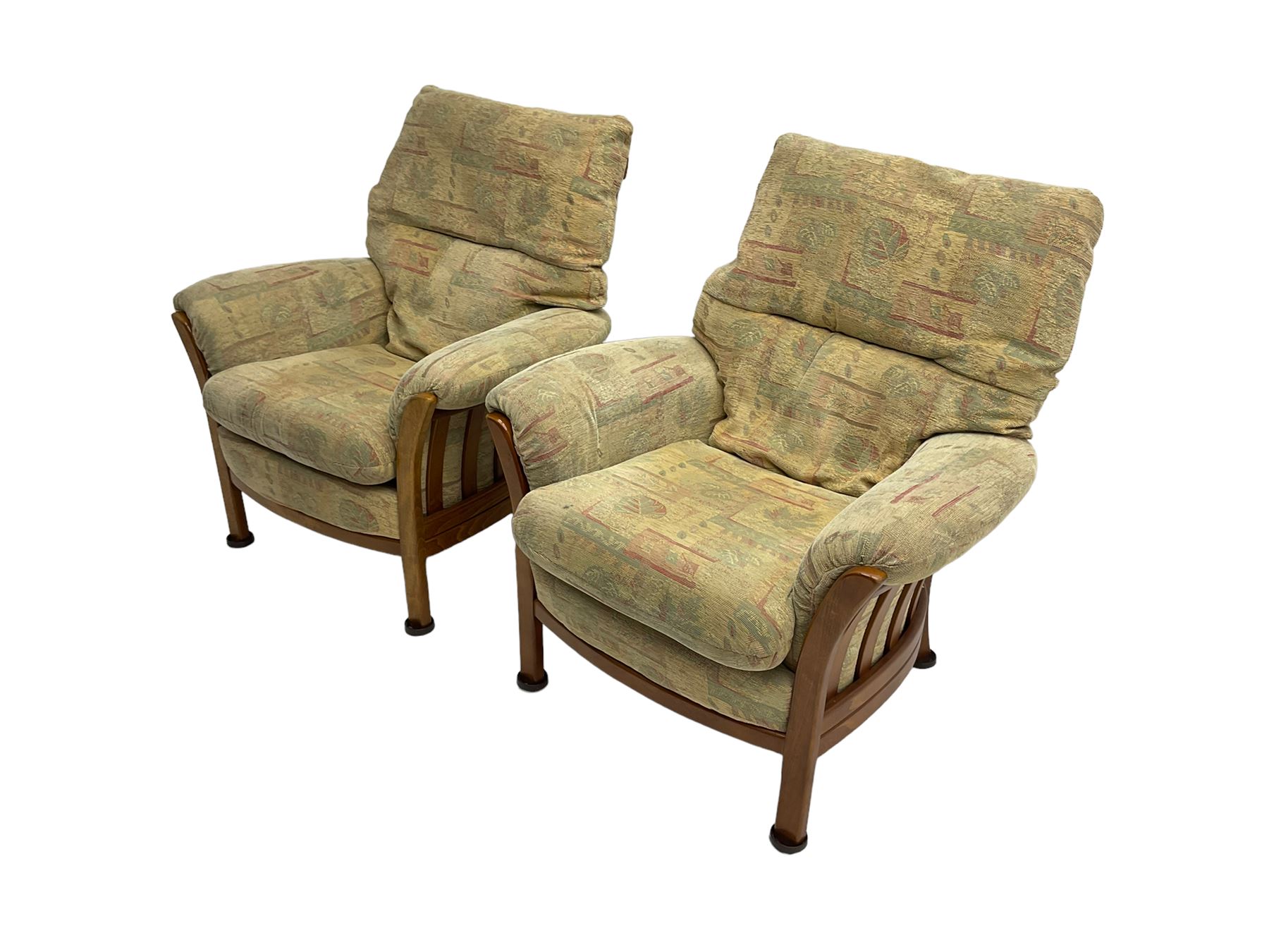 Mid-20th century beech framed three seat sofa (W1180cm) and pair of matching armchairs (W95cm) uphol - Image 4 of 15