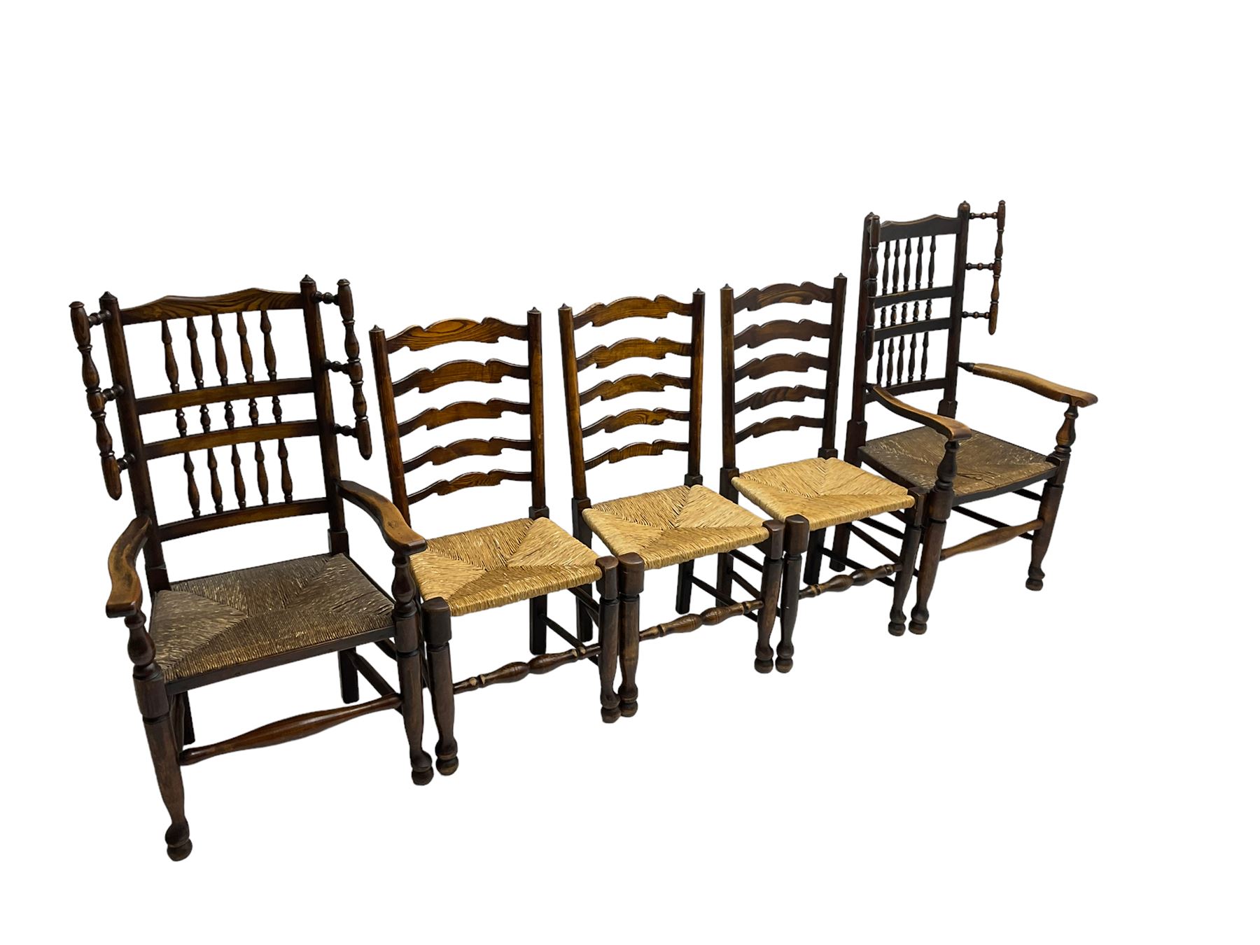 Harlequin set of nine country elm and beech chairs - pair 19th century spindle back carver armchairs - Image 2 of 13