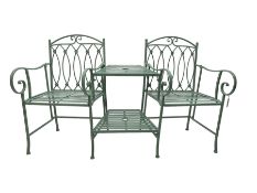 Washed green finish metal garden lovers bench