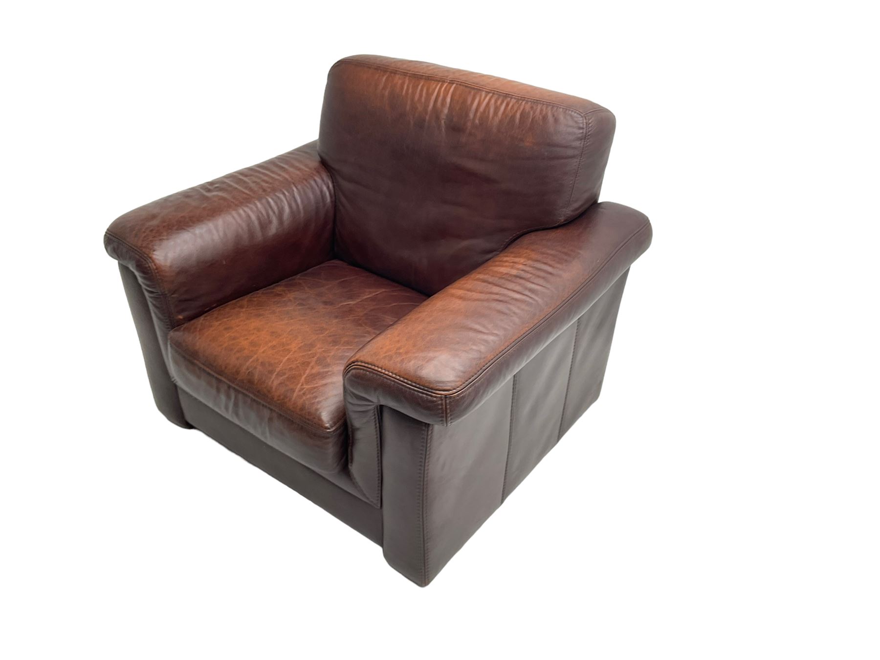 Large armchair upholstered in chocolate brown leather - Image 4 of 6