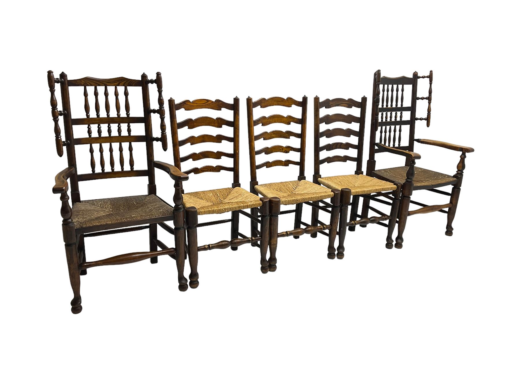 Harlequin set of nine country elm and beech chairs - pair 19th century spindle back carver armchairs - Image 3 of 13