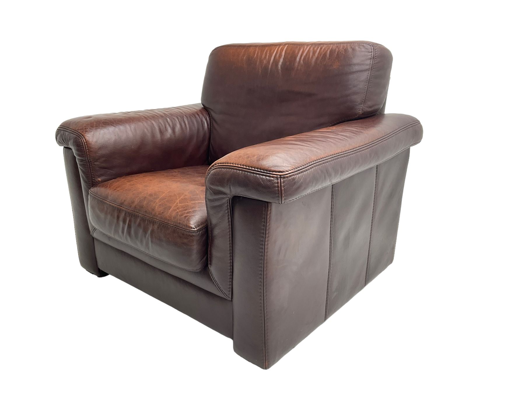 Large armchair upholstered in chocolate brown leather - Image 3 of 6