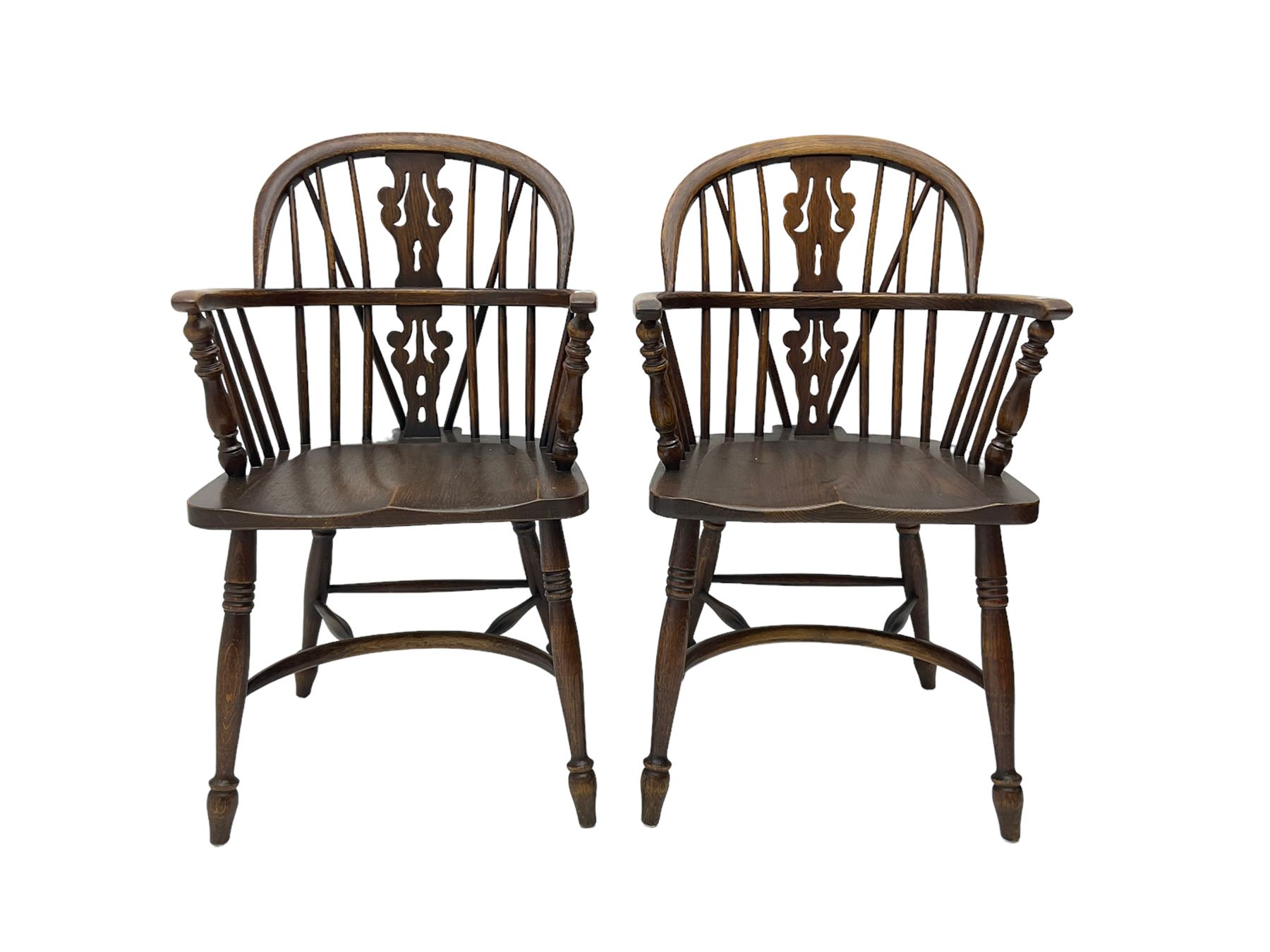 Pair late 20th century oak Windsor elbow chairs