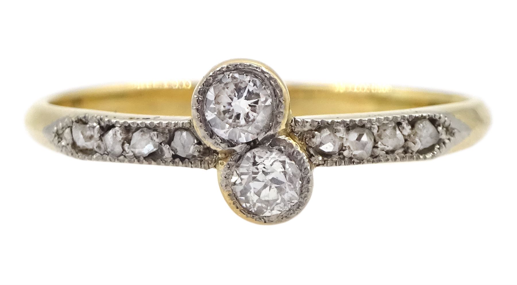 Art Deco 18ct gold milgrain set two stone old diamond crossover ring with rose cut diamond set shoul