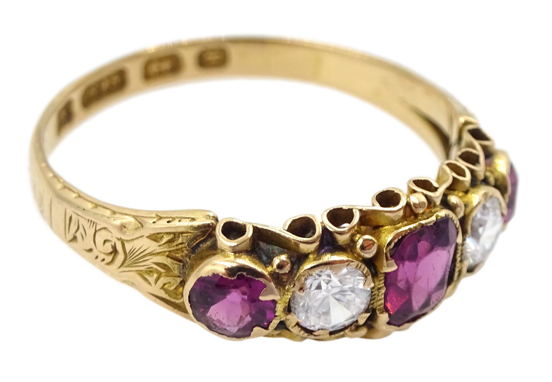 Victorian 15ct gold five stone clear and purple paste ring - Image 3 of 4