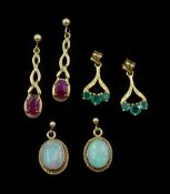 Three pairs of 9ct gold pendant stud earrings including opal