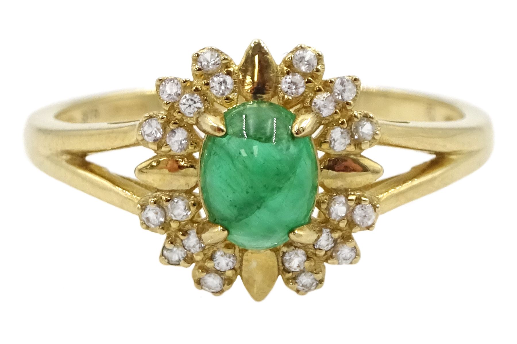 9ct gold cabochon emerald and white zircon cluster ring