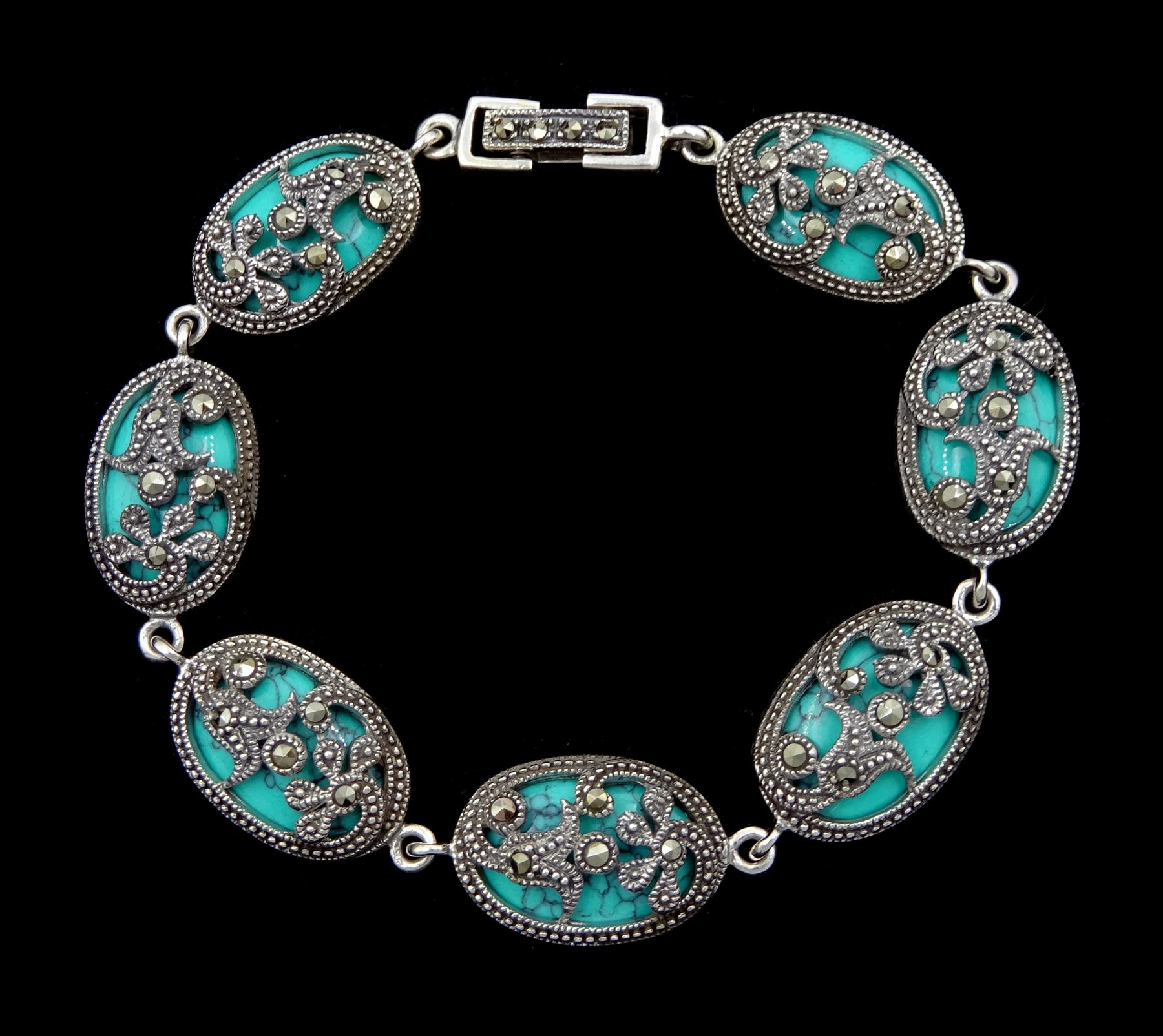 Silver turquoise and marcasite oval flower link bracelet