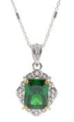 Silver green stone and cubic zirconia cluster pendant necklace