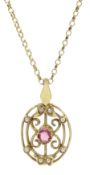 9ct gold oval pink tourmaline and split pearl openwork pendant necklace