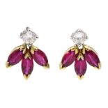 Pair of 18ct white and yellow gold round brilliant cut diamond and marquise cut ruby pendant stud ea