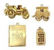 Four 9ct gold charms including telephone box