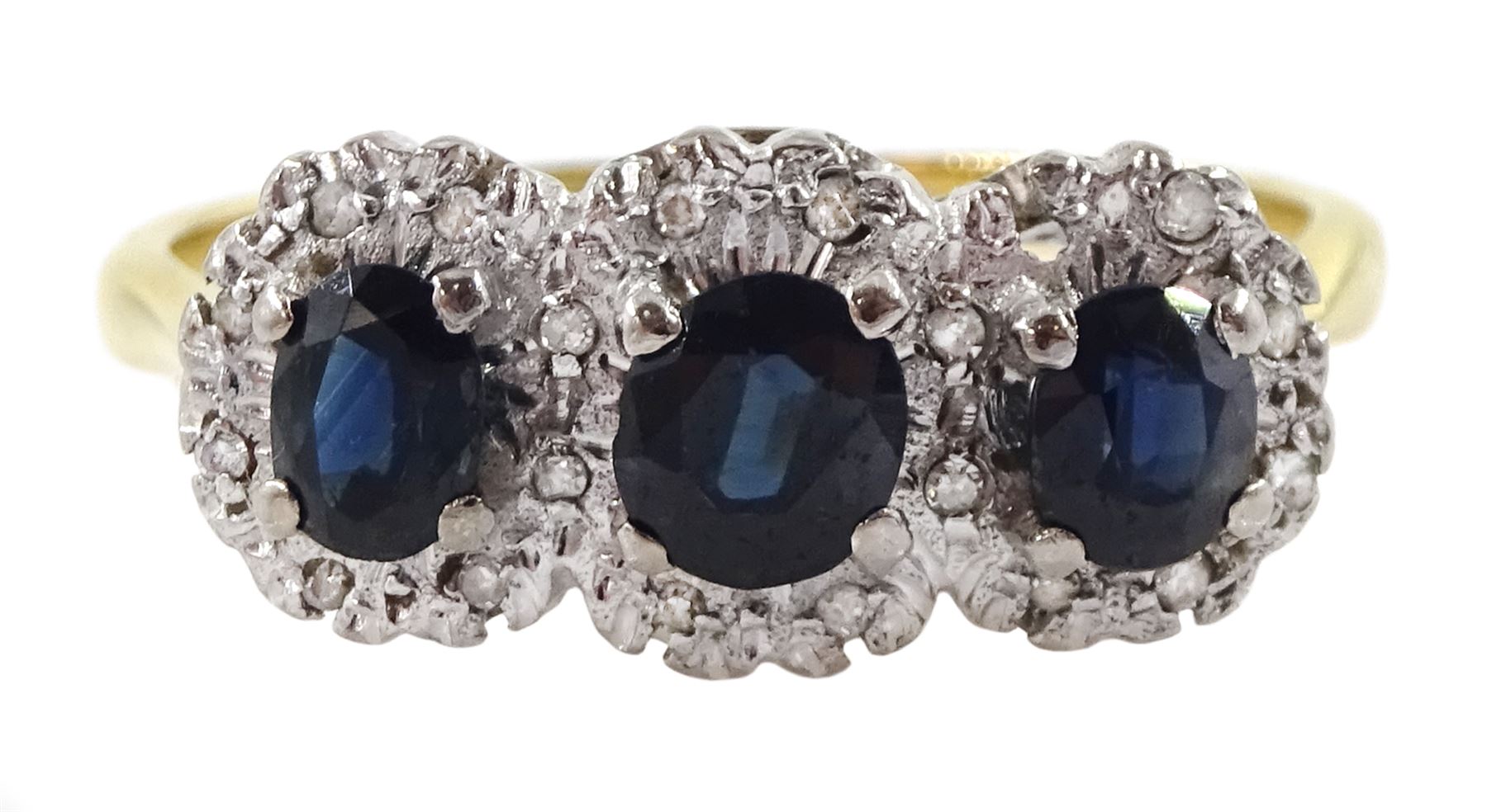 18ct gold three stone oval sapphire and diamond chip cluster ring