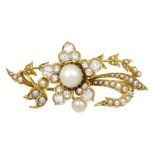 Early 20th century 18ct gold pearl and old cut diamond flower brooch