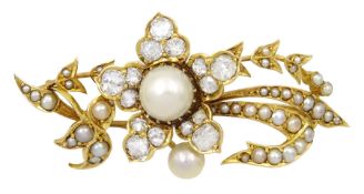 Early 20th century 18ct gold pearl and old cut diamond flower brooch