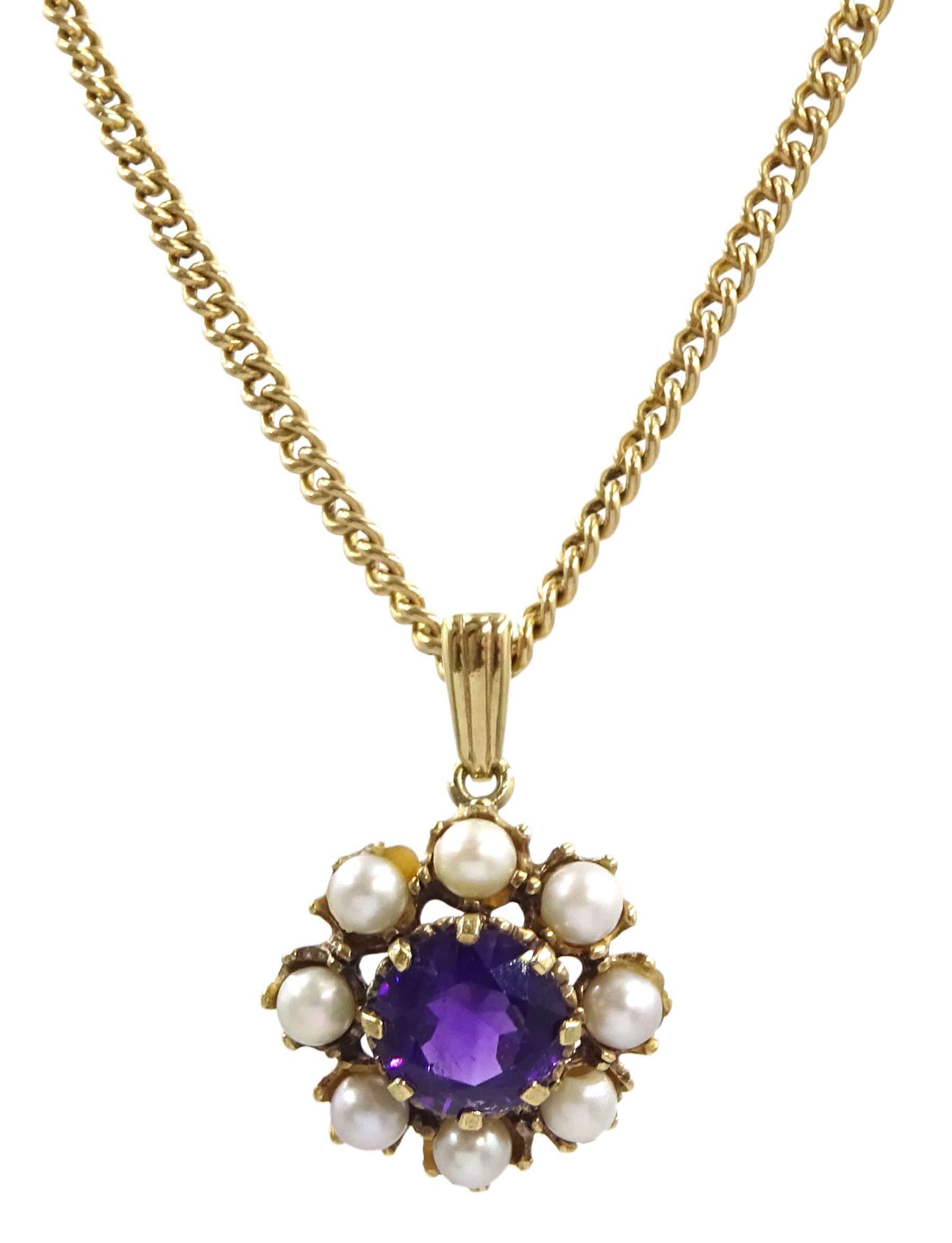 9ct gold amethyst and pearl flower pendant