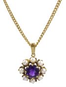9ct gold amethyst and pearl flower pendant