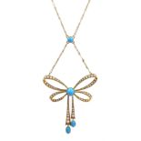 Edwardian 15ct gold turquoise and seed pearl pendant bow necklace