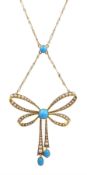 Edwardian 15ct gold turquoise and seed pearl pendant bow necklace