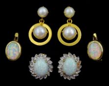 Pair of 22ct gold pearl pendant stud earrings and two pairs of 9ct gold opal stud earrings