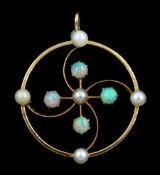 Early 20th century 15ct gold opal and pearl circular pendant