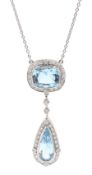 18ct white gold milgrain set pear and cushion cut blue topaz and round brilliant cut diamond pendant