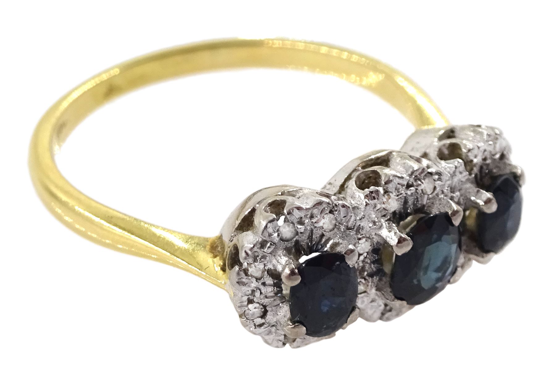 18ct gold three stone oval sapphire and diamond chip cluster ring - Image 3 of 4