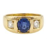 Late 19th century continental gypsy set three stone oval sapphire and old cut diamond ring