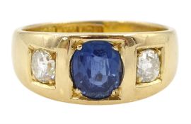 Late 19th century continental gypsy set three stone oval sapphire and old cut diamond ring