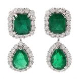 Pair of 18ct white gold emerald and round brilliant cut diamond pendant stud earrings