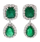 Pair of 18ct white gold emerald and round brilliant cut diamond pendant stud earrings