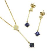 Gold square cut sapphire and diamond pendant necklace and pair of matching earrings