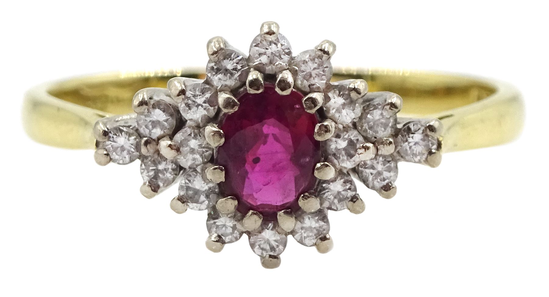 18ct gold oval ruby and round brilliant cut diamond cluster ring