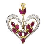 18ct white and yellow gold round brilliant cut diamond and marquise cut ruby heart shaped pendant