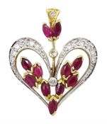 18ct white and yellow gold round brilliant cut diamond and marquise cut ruby heart shaped pendant