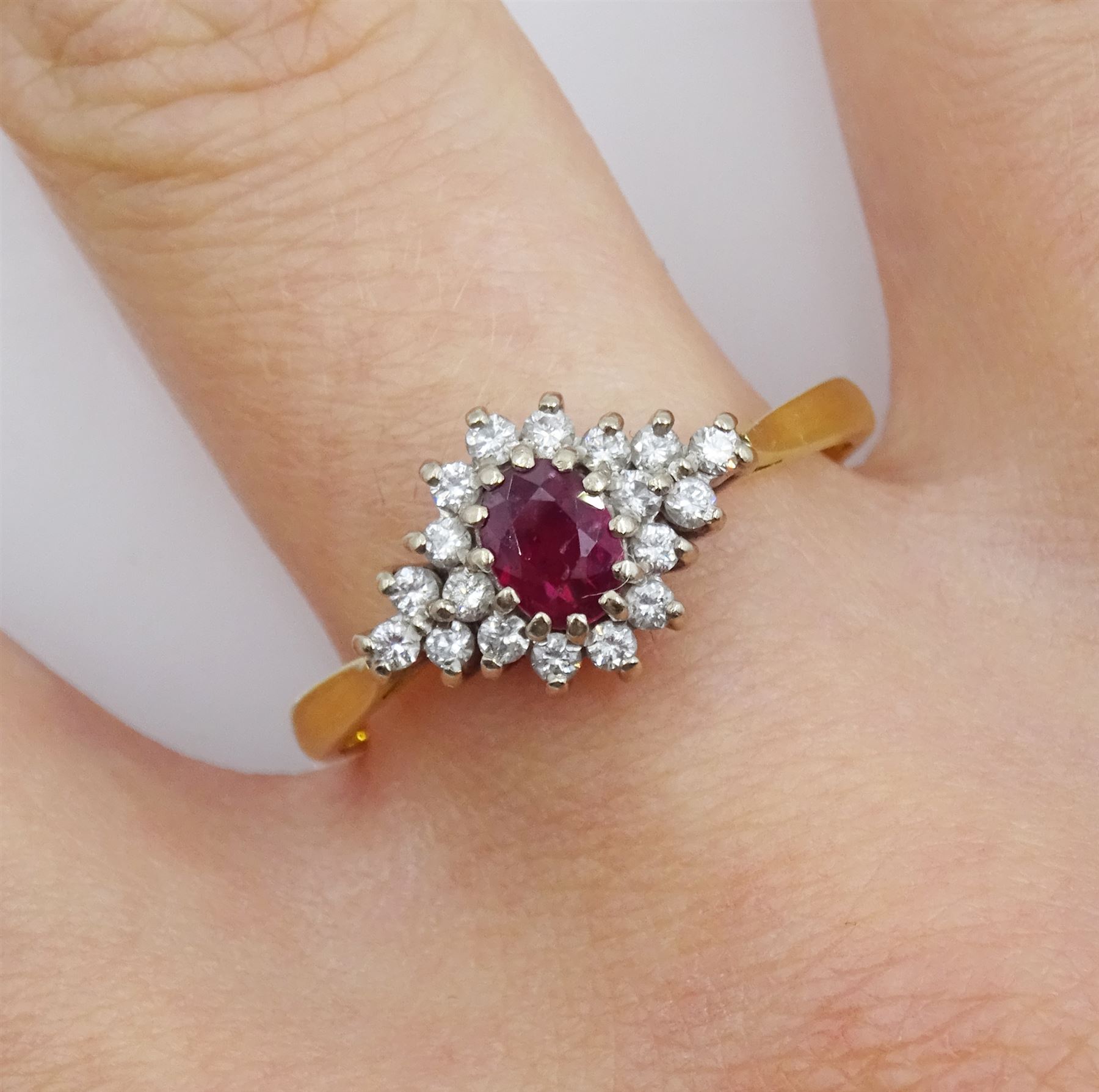 18ct gold oval ruby and round brilliant cut diamond cluster ring - Image 2 of 4