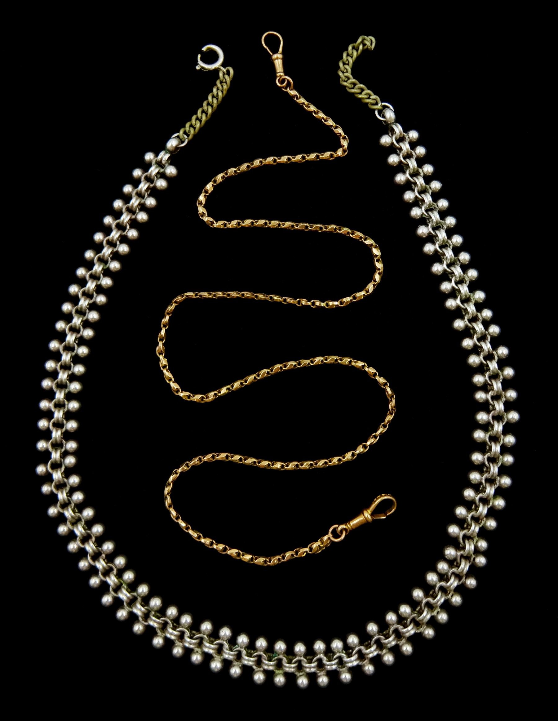 Early 20th century 9ct gold fancy link watch chain with two clips and a Victorian silver bead link c