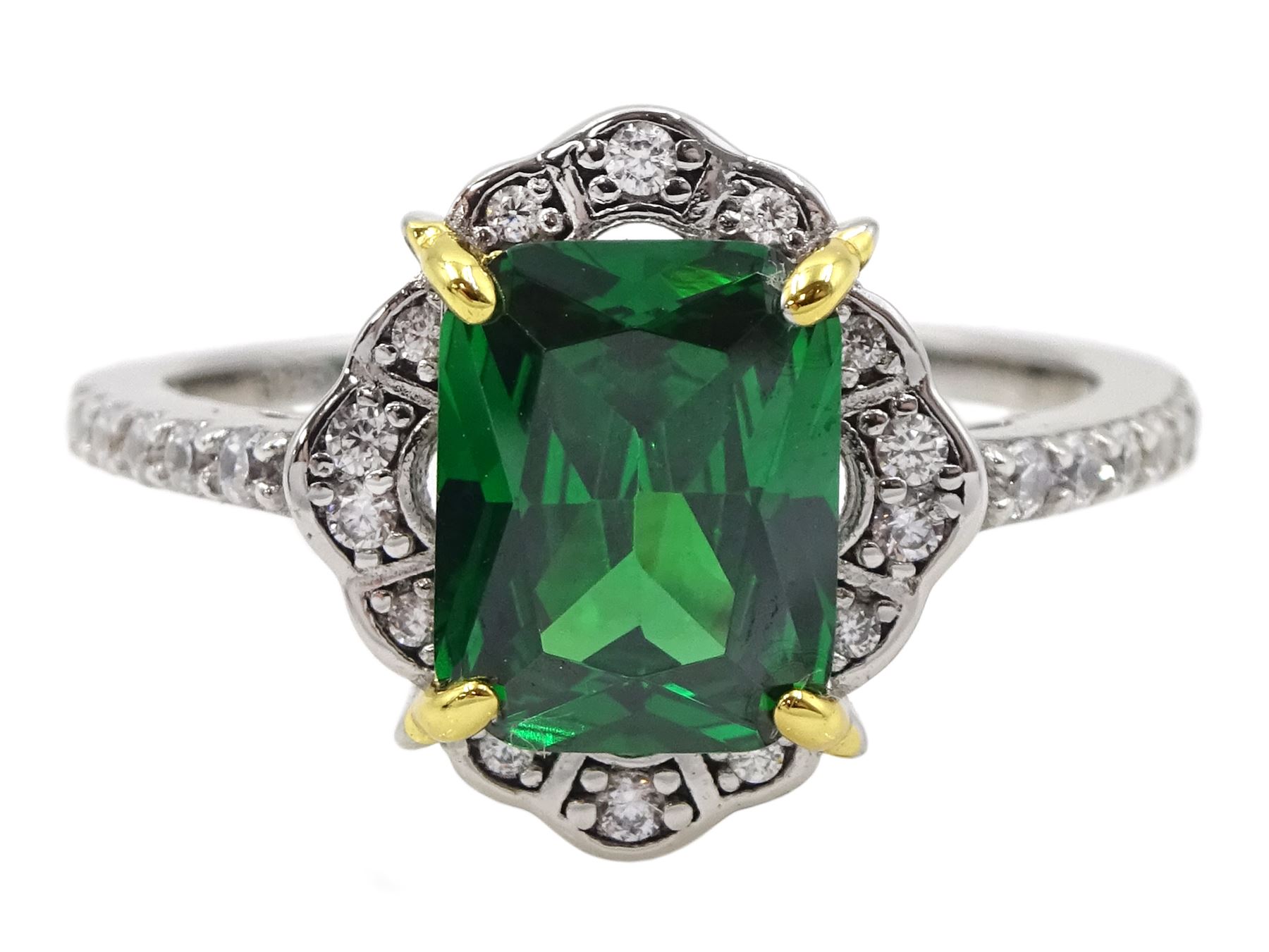 Silver green stone and cubic zirconia cluster ring