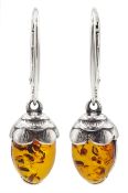 Pair of silver Baltic amber acorn pendant earrings