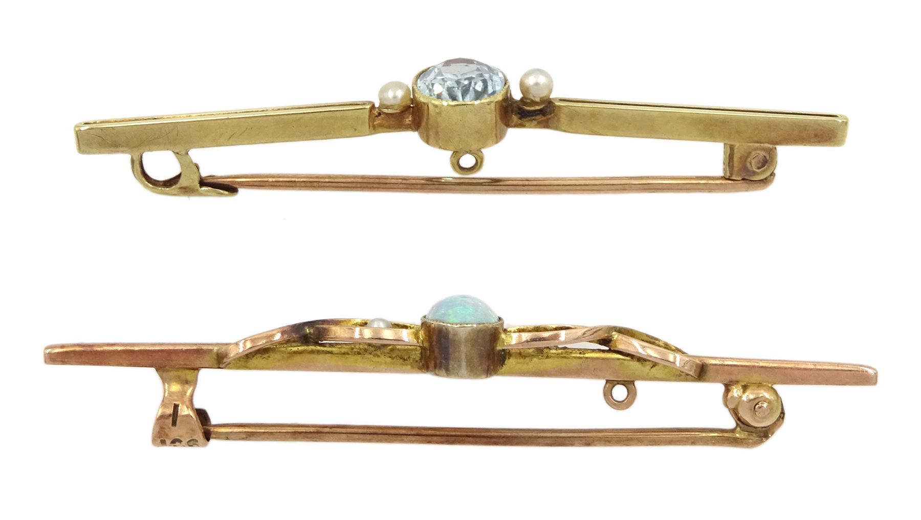 Early 20th century 15ct gold aquamarine and seed pearl brooch and an opal brooch - Image 2 of 2